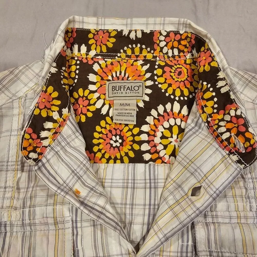 Buffalo David Bitton Plaid Button-Up Shirt M/M Beige & Yellow Cotton Floral Lini - Picture 2 of 5